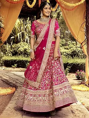 Floral Bail Butta Raw Silk Lehenga Choli With Elephant Motif Resham, Beads, Zari Work And Soft Net Dupatta