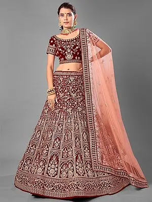 Maroon Velvet Mughal Butta Lehenga Choli with Dori, Zari Work and Soft Net Dupatta
