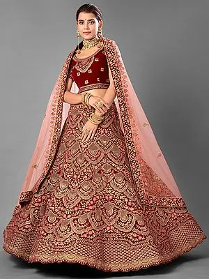 Maroon Velvet Necklace Design Embroidered Lehenga Choli With Zari-Thread Work And Soft Net Dupatta