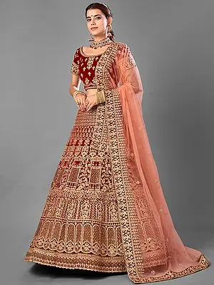 Maroon Bridal Velvet Lehenga Choli With Dori, Zari, Zarkan Work And Soft Net Dupatta