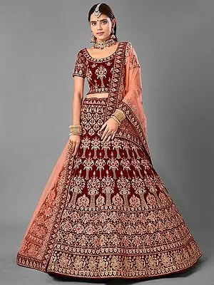 Maroon Bouquet Pattern Velvet Lehenga Choli With Dori, Thread, Zari, Zarkan Work And Soft Net Dupatta