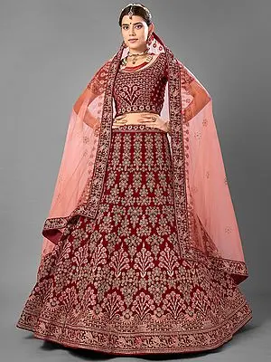Maroon Velvet Bridal Lehenga Choli With Snowflake Pattern Dori, Thread, Zarkan Embroidery And Soft Net Dupatta