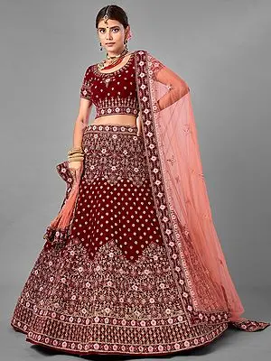 Maroon Velvet Floral Meena Butti Lehenga Choli with Dori, Thread, Zarkan Work and Soft Net Dupatta