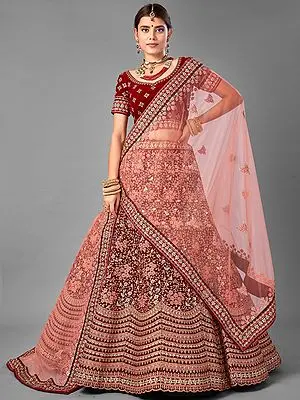 Maroon Velvet Bridal Lehenga Choli With Flower Bunch Vine And Dori, Zari Embroidered Scalloped Bottom