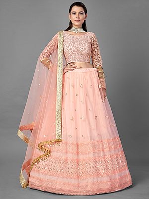 Peach Soft Net Clover Butta Lehenga with Floral Bail Motif Choli and All-Over Sequins, Thread, Dori Embroidery