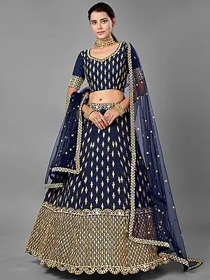 Navy-Blue Art Silk Embellished Lehenga Choli with Zari, Plastic Mirror Work and Soft Net Dupatta