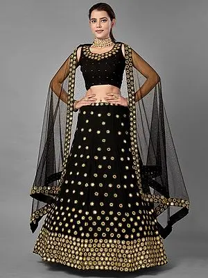 Black Georgette Chakra Motif Lehenga Choli with Zari, Sequins, Mirror Work and Soft Net Dupatta