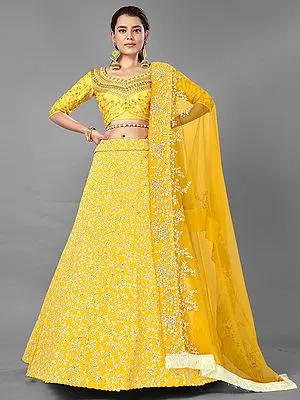 Yellow Art Silk Floral Vine Pattern Lehenga Choli With Dori, Sequins, Zari Work And Soft Net Dupatta