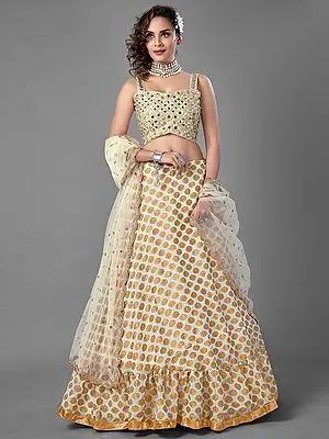 White Viscose Silk Frill Lehenga with Thread-Mirror Work Choli and Soft Net Dupatta