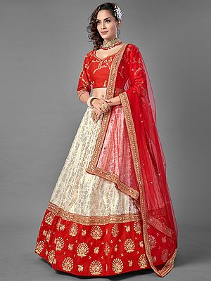 Red Art Silk-Jaquard Lehenga Choli With Zari-Sequins Embroidery Work And Soft Net Dupatta