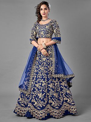 Blue Art Silk Dori-Sequins Work Frill Lehenga Choli with All-Over Bail Buti Motif and Designer Dupatta