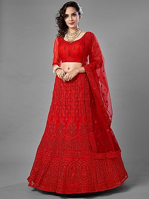 Red Soft Net Laddi Pattern Lehenga Choli with Dori, Thread, Stone Embroidery and Designer Dupatta