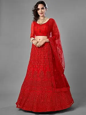 Red Soft Net Laddi Pattern Lehenga Choli with Dori, Thread, Stone Embroidery and Designer Dupatta