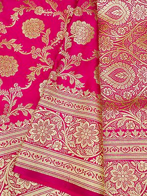 Banarasi Satin Silk Saree With Damask Floral Jaal Pattern And Kalka Bail Motif On Pallu