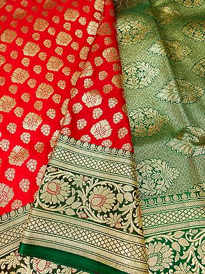 Red-Green Color Combo Traditional Banarasi Satin Silk Saree With Floral Butta And Kalka Motif