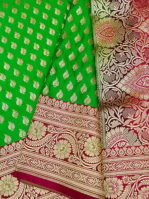 Satin Silk Banarasi Saree with Brocade Conch Motif and Bail Butta on Contrast Border-Pallu