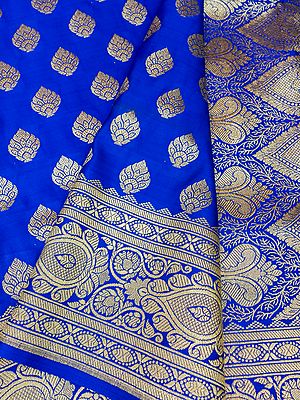 Banarasi Satin Silk Saree With All-Over Zari Butta Pattern And Kali-Bail Motif On Pallu