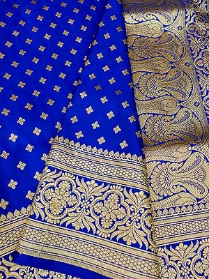 Royal Blue Banarasi Satin Silk Saree With All-Over Zari Clover Pattern And Kalka Butta On Pallu