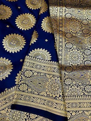 True Blue Banarasi Satin Silk Saree With All-Over Zari Chakra Floral Pattern And Kali Motif On Pallu
