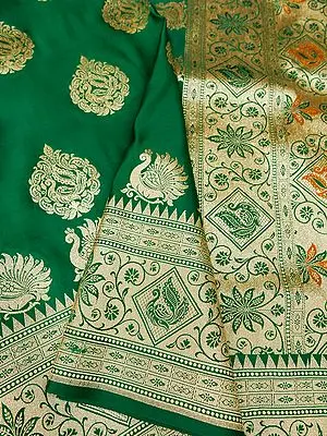 Verdant Green Banarasi Satin Silk Saree With All-Over Peacock Icon Motif And Bail Butta