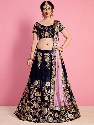 Patriot-Blue Velvet Silk Lehenga Choli with Over Floral Golden Thread Embroidery and Pink Designer Dupatta