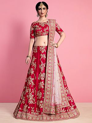 Paradise-Pink Velvet Silk Lehenga Choli With Zari Floral motif and Sheer Dupatta