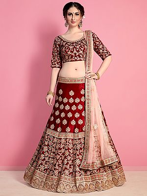 Rosewood Velvet Silk Over Embroidered Floral Sequin Lehenga Choli with Beautiful Dupatta