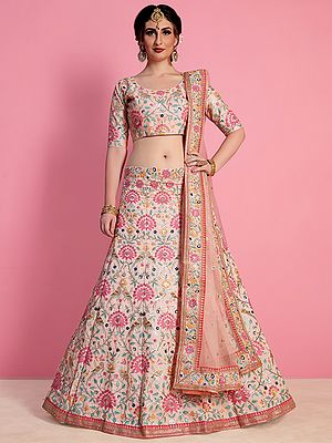 Baby-Pink Art Silk Lehenga Choli with All Over Birds Floral Embroidery and Designer Dupatta