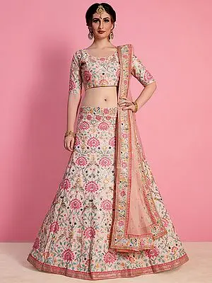 Baby-Pink Art Silk Lehenga Choli with All Over Birds Floral Embroidery and Designer Dupatta