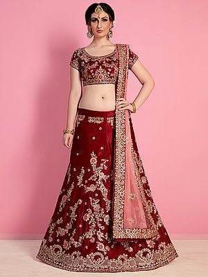 Bright-Red Velvet Silk Designer Lehenga Choli with All Over Zari Sequin Work and Soft Net Dupatta