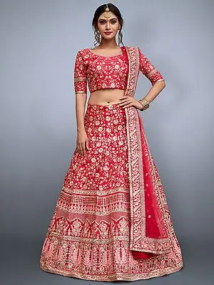 Rose-Pink Art Silk Lehenga Choli with Mughal Motif Stone Dori Work and Designer Dupatta