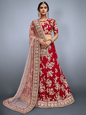 Garnet-Red Art Silk Designer Lehenga Choli with All Over Zari Sequin Work and Soft Net Dupatta