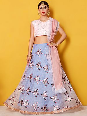Grey-Pink Art Silk Lehenga Choli With Beautiful Floral Embroidery And Soft Net Frilled Dupatta