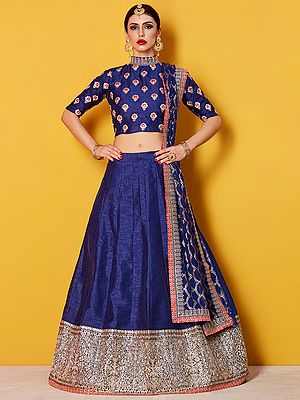 Royal-Blue Art Silk Lehenga Choli With Heavy Zari Work On Border And Designer Dupatta