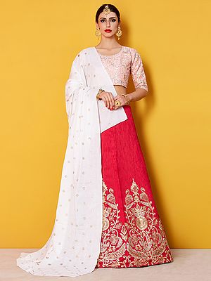 Pink-Peach Art Silk Lehenga Choli with Golden Thread Work and White Designer Dupatta