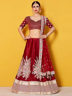Maroon Velvet Silk Designer Lehenga Choli with Beautiful Floral Embroidery and Sheer Dupatta