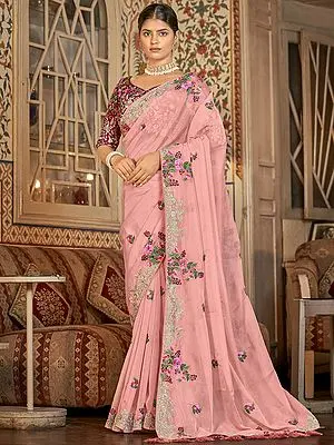 Baby-Pink Organza Saree With Art Silk Blouse And Floral Bail Zari, Thread Work