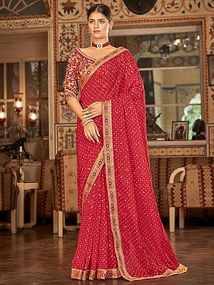 Red Organza Ek Bundi Pattern Saree With Art Silk Bail Motif Blouse And Thread-Sequins Work