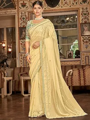 Yellow Organza Saree With Floral Butta Zari-Thread Embroidered Lace Border