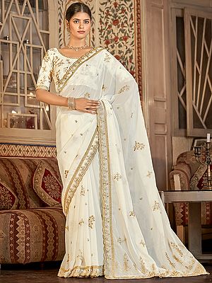 White Organza Zari, Sequins Embroidered Floral Pattern Saree With Scalloped Border