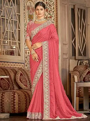 Coral-Pink Organza Bundi Pattern Saree with Dori, Sequins Work and Floral Embellished Border