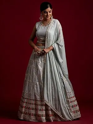 Grey Georgette Designer Lehenga Choli With Gota-Thread Work And Dupatta