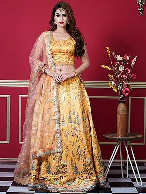 Mustard Silk Bird-Tree Digital Printed Lehenga Choli with Swarovski, Gota, Printed Work and Soft Net Dupatta