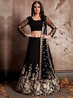 Caviar-Black Crepe Lehenga Choli with Embellished Thread Work on Bottom and Designer Dupatta