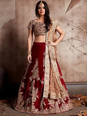 Brick-Red Velvet Silk Bridal Lehenga Choli with Zari Dori Embroidery and Lace Sheer Dupatta