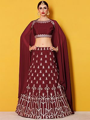 Oxblood-Red Art Silk Bridal Lehenga Choli with Silver Gold Embroidery and Chanderi Dupatta