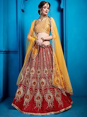 Rust and Yellow Art Silk Lehenga Choli with Peacock Feather Design Embroidery and Sheer Dupatta