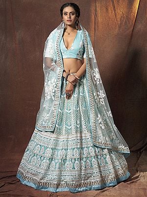 Baby-Blue Soft Net Floral Pattern Lehenga Choli with Resham-Sequins Embroidery and Dupatta