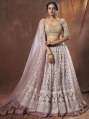 Lilac Soft Net Contrast Thread-Zari Work Vine Motif Lehenga with Lycra Choli and Soft Net Dupatta