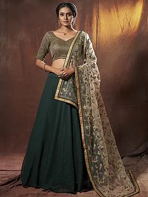 Green Georgette Lehenga Choli with Zari, Sequins, Thread Work and Soft Net Meena Butta Dupatta